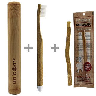 Bambus Reise Etui + Zahnbürste weich + Miswak